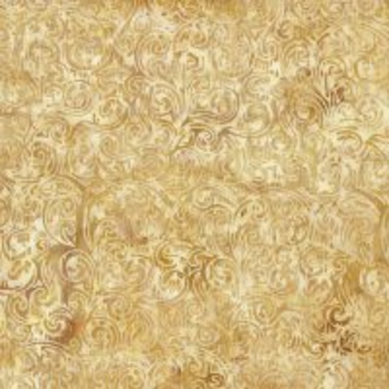 Woodcut Blossoms Swirl Woodblock Sahara Gold Beige Island Batik Cotton Fabric