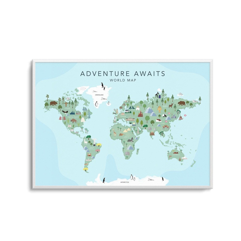 Adventure Awaits World Map | Blue Art Print