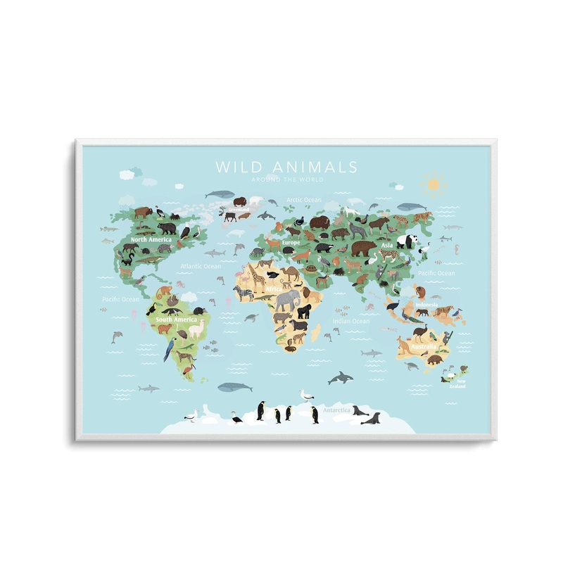 Wild Animals World Map | Blue Art Print