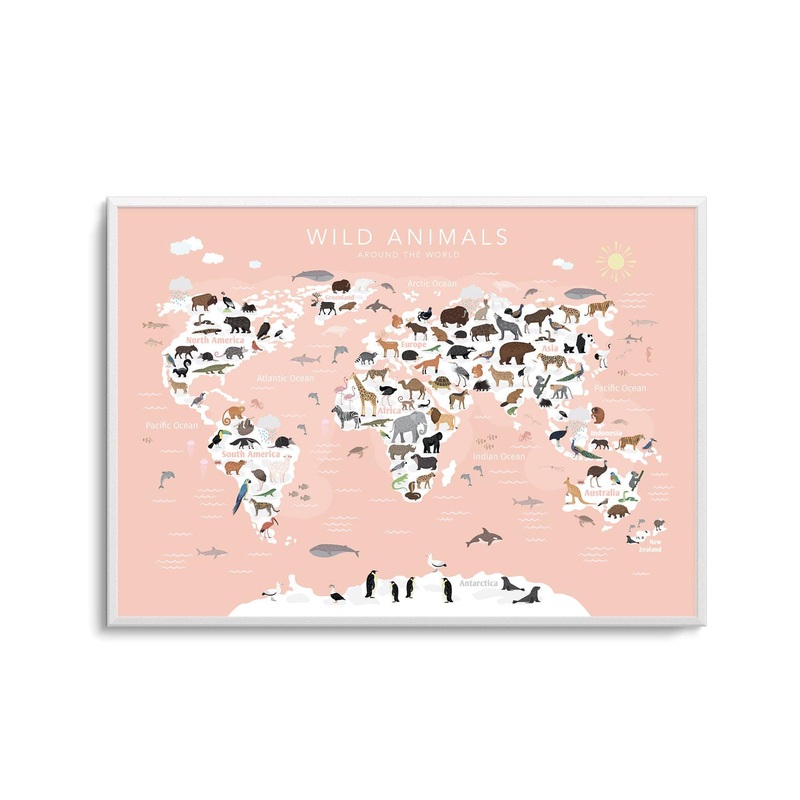 Wild Animals World Map | Peach Art Print