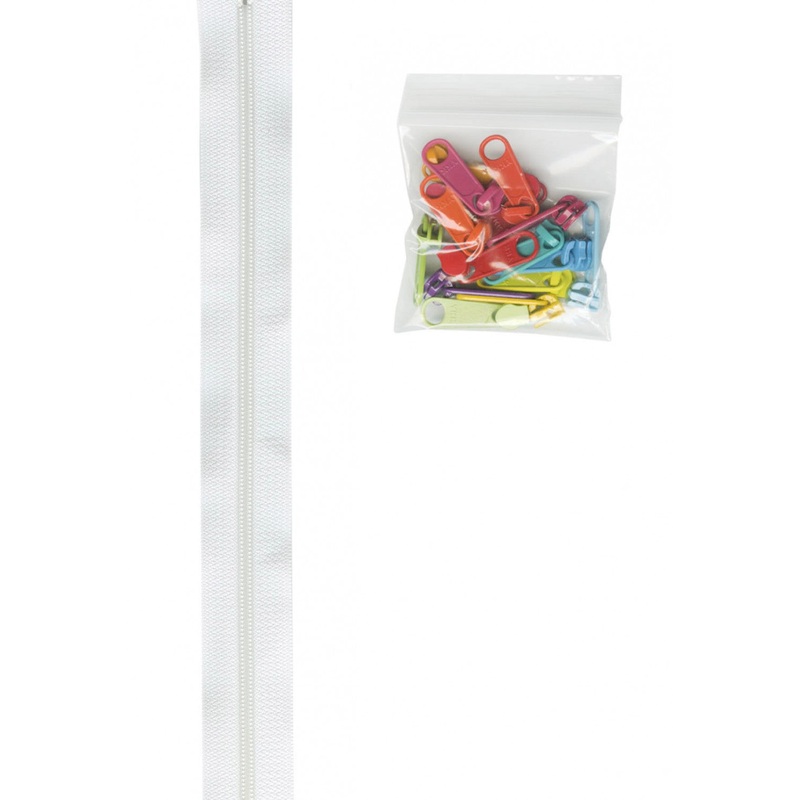 4 yards of 16mm #4.5 zipper chain and 16 Ex-Large Pulls White with 16 Mult pulls # ZIPYD100MUL -  Special Order