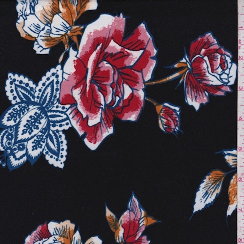 Black/Gold Stylized Floral Double Brushed Jersey Knit Fabric