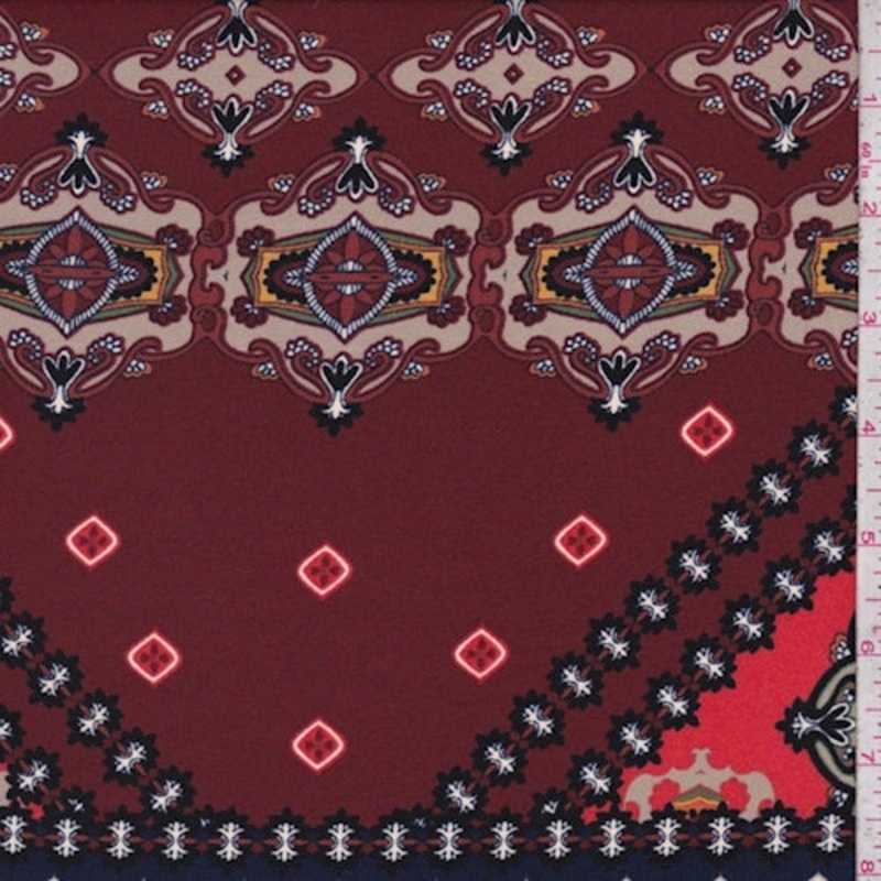Beige/Navy/Maroon Medallion Patchwork Crepe Georgette Fabric