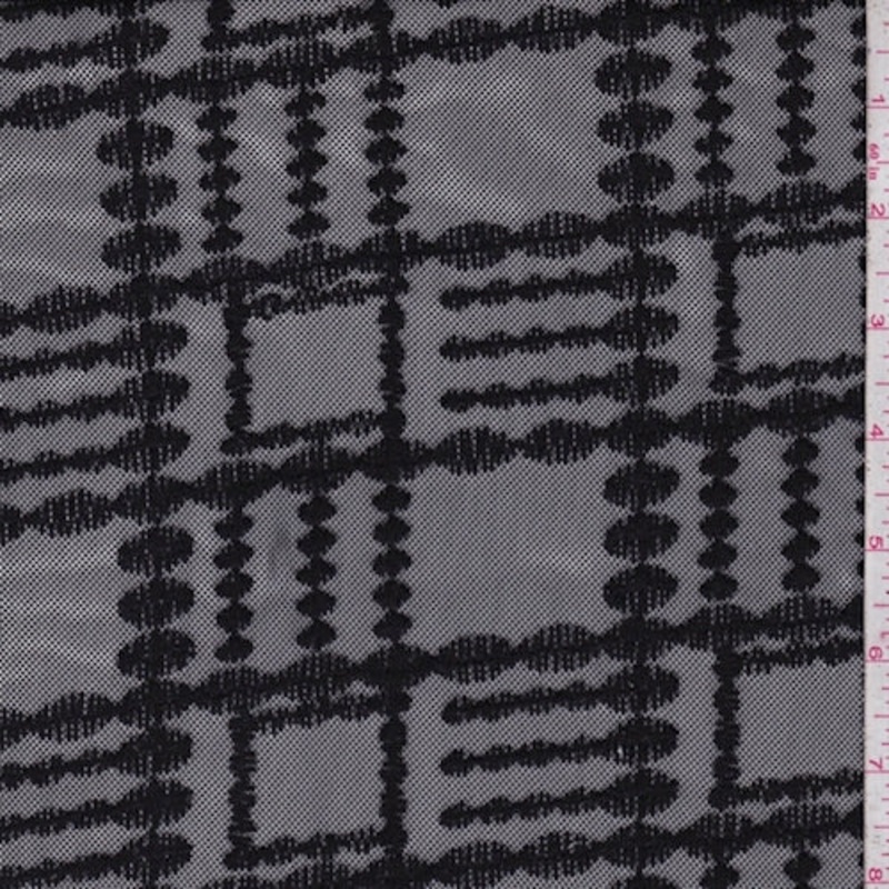 Black Embroidered Deco Check Mesh Fabric