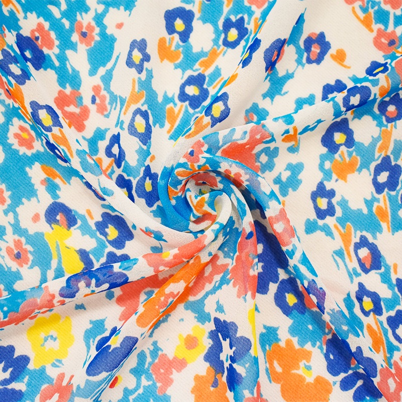 Aqua Blue-Orange-Multi Poly Floral Printed Chiffon Woven Fabric