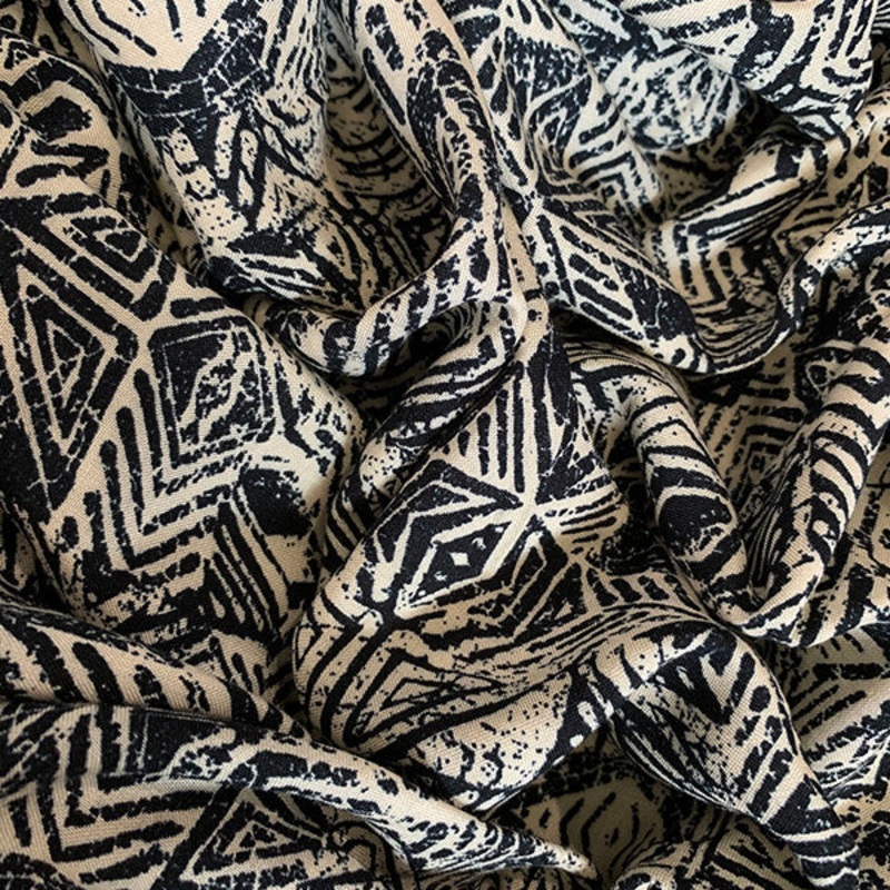 Black and Cream Aztec Print Rayon Challis Fabric