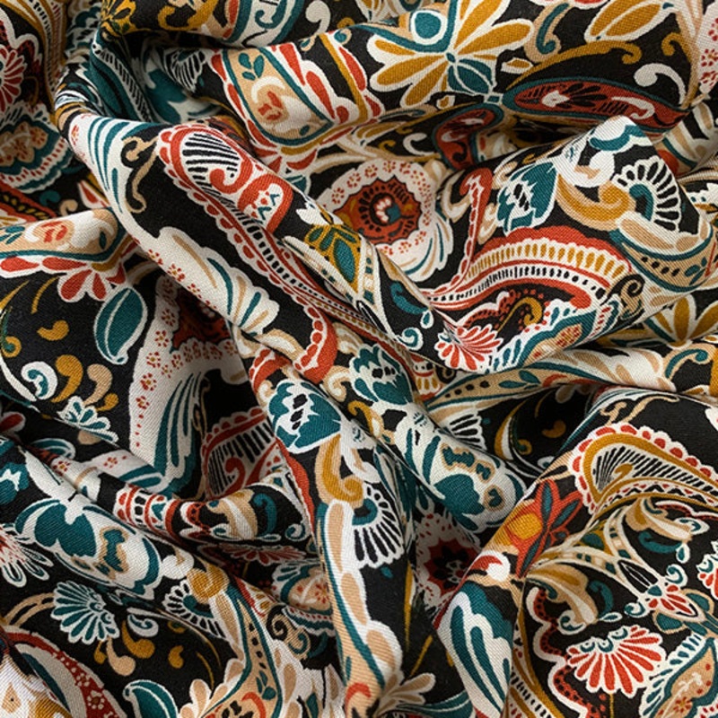 Black and Gold Floral Scroll Print Rayon Challis Fabric