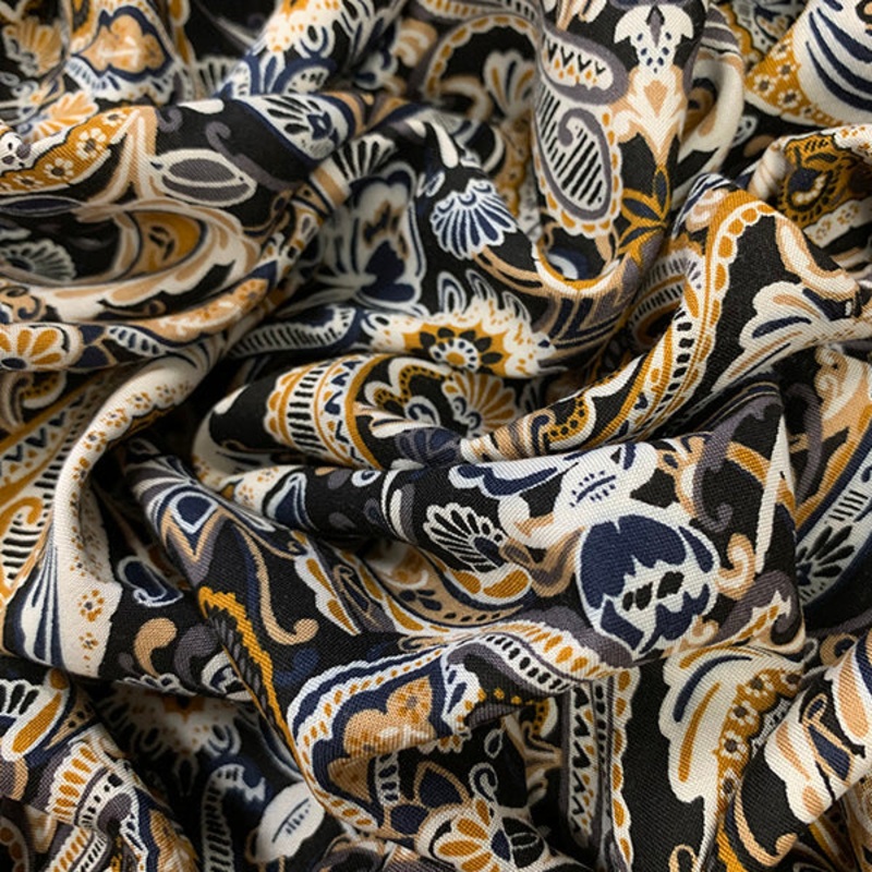 Black and Gray Floral Scroll Print Rayon Challis Fabric