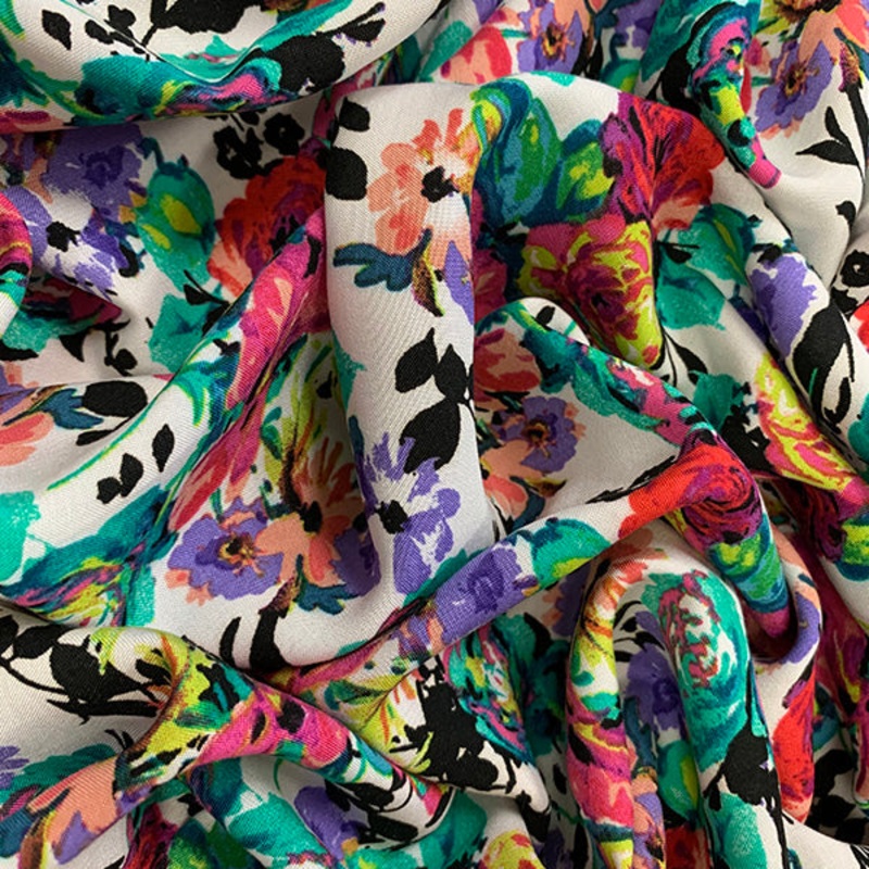 Black and Green Multi Floral Print Rayon Challis Fabric