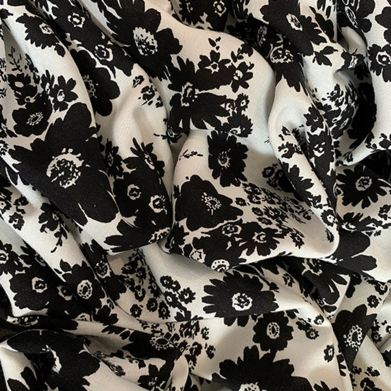Black and White Daisy Print Rayon Challis Fabric