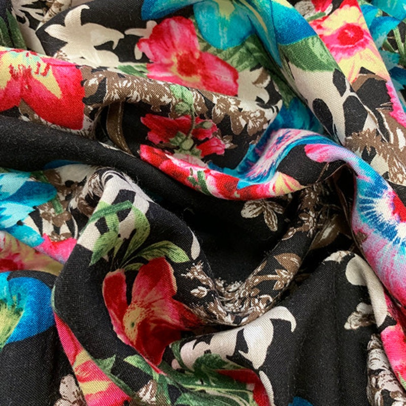 Black Multi Floral Print Rayon Fabric