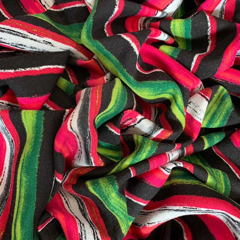 Black Multi Stripe Print Rayon Challis Fabric