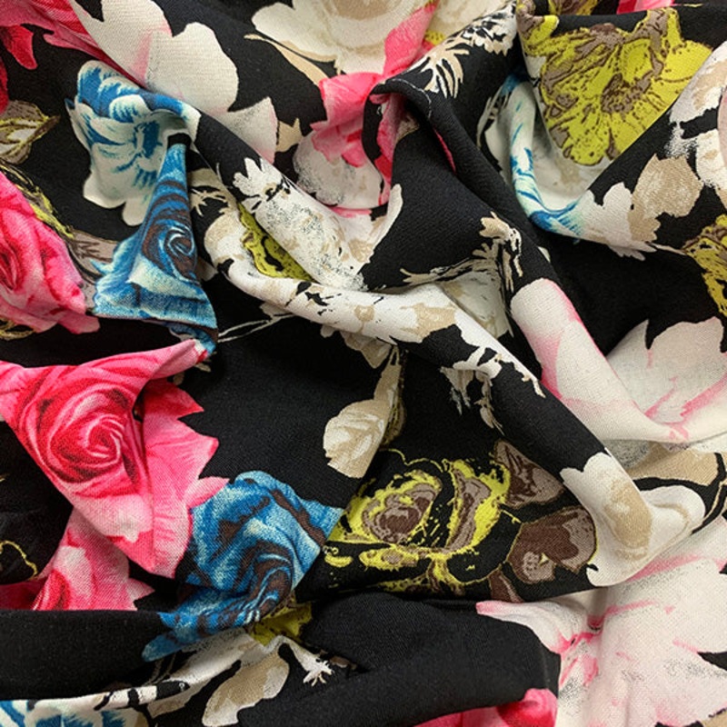 Black Rose Print Rayon Challis Fabric