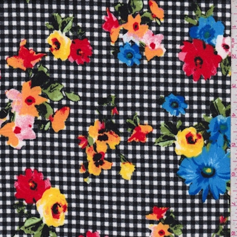 Black Multi Mini Check Floral Double Brushed Jersey Knit Fabric